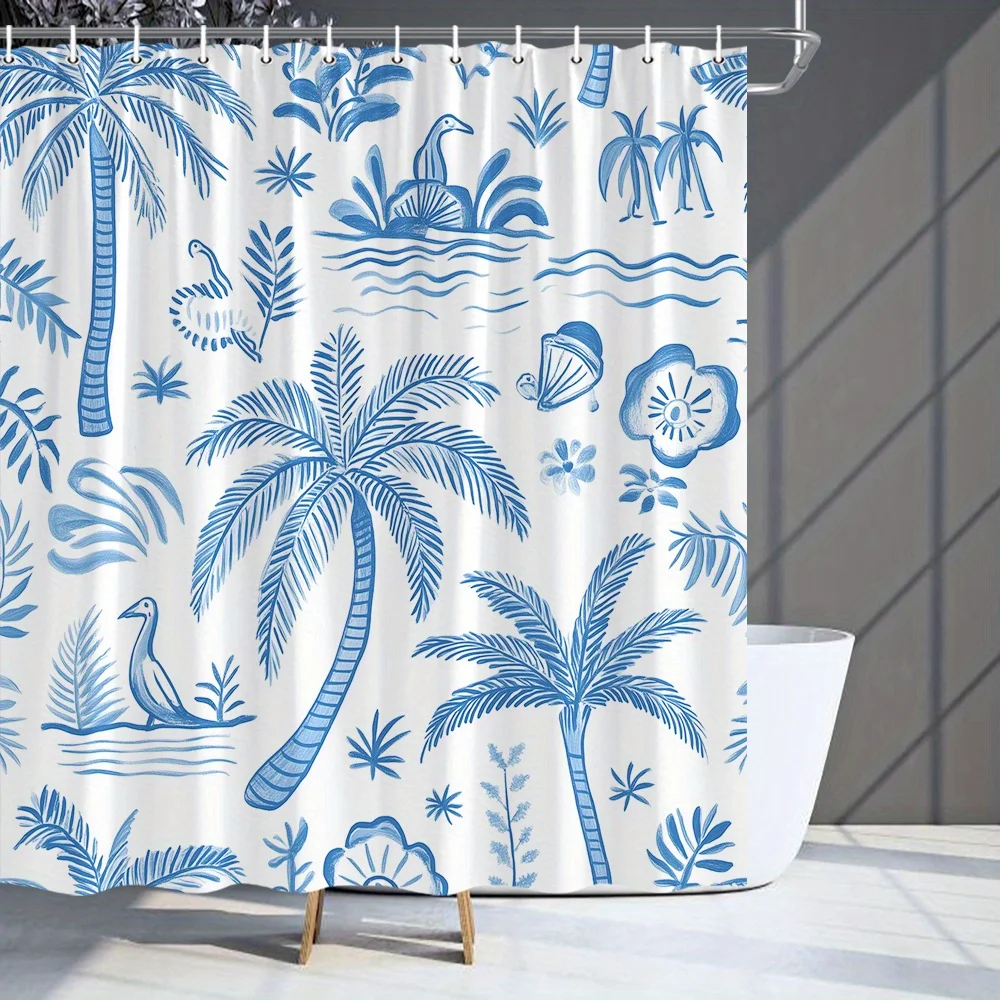 Blue  White Tropical Shower Curtain – Palm Trees, Birds, Shells  Flowers in Porcelain-Style  12 Hooks, Harmonious Bathroom Decor
