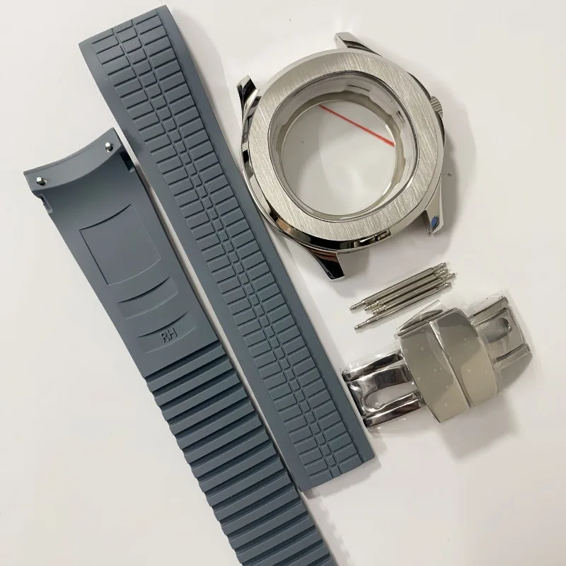 Para acessórios de montagem de movimento nh35 caixa de granada + pulseira de borracha + conjunto de fivela safira se encaixa no mostrador de 32mm