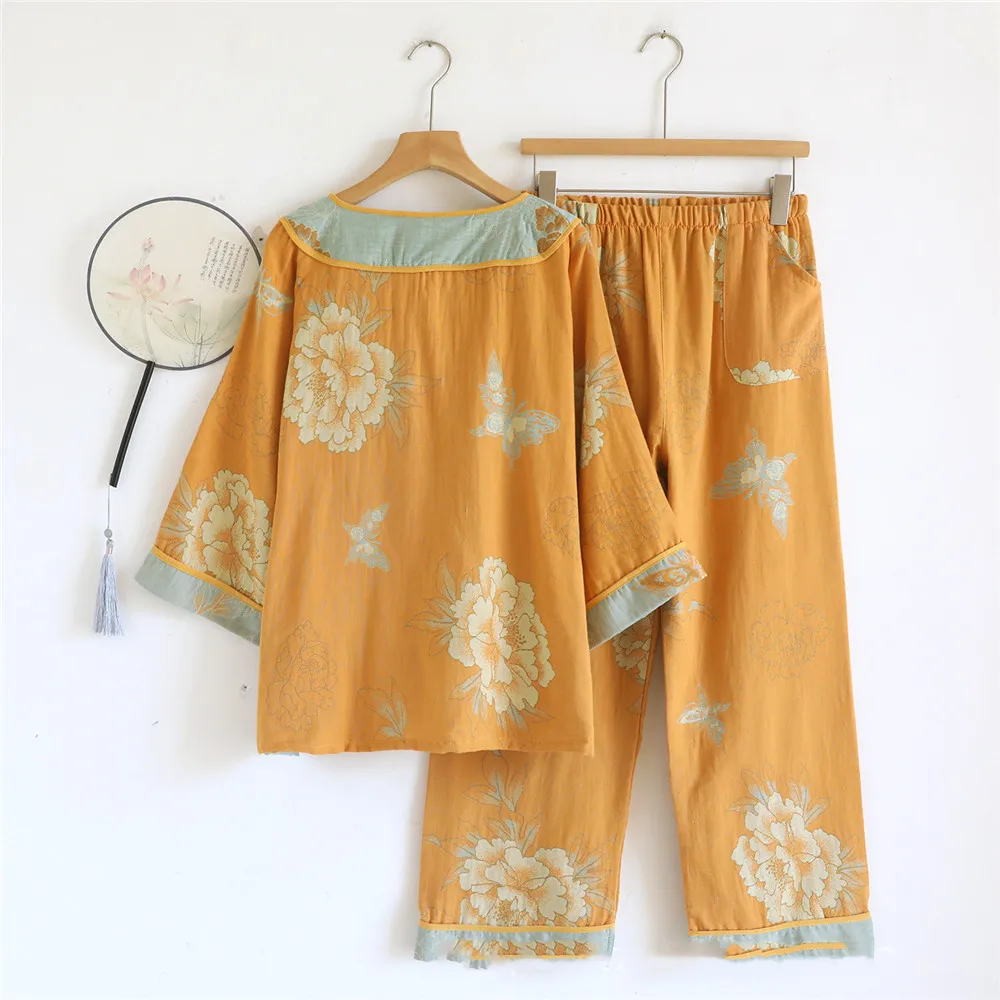 Women's Summer Pajama Set Cotton Jacquard Peony Chinese Style Pullover Pants Loose Home Clothes