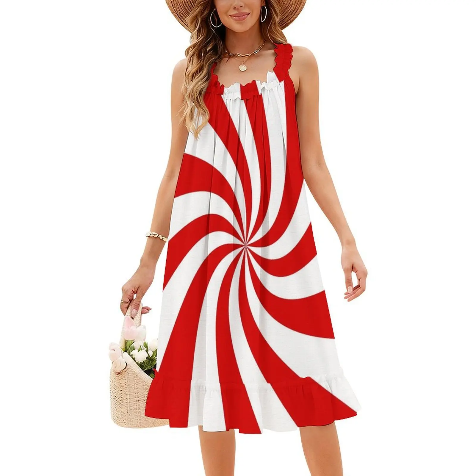 فستان عطلة مثير منقوش على شكل قصب الحلوى للنساء على الشاطئ وحفلات أعياد الميلاد فستان قصير على شكل قصب الحلوى وعصا الحلوى الدوامة