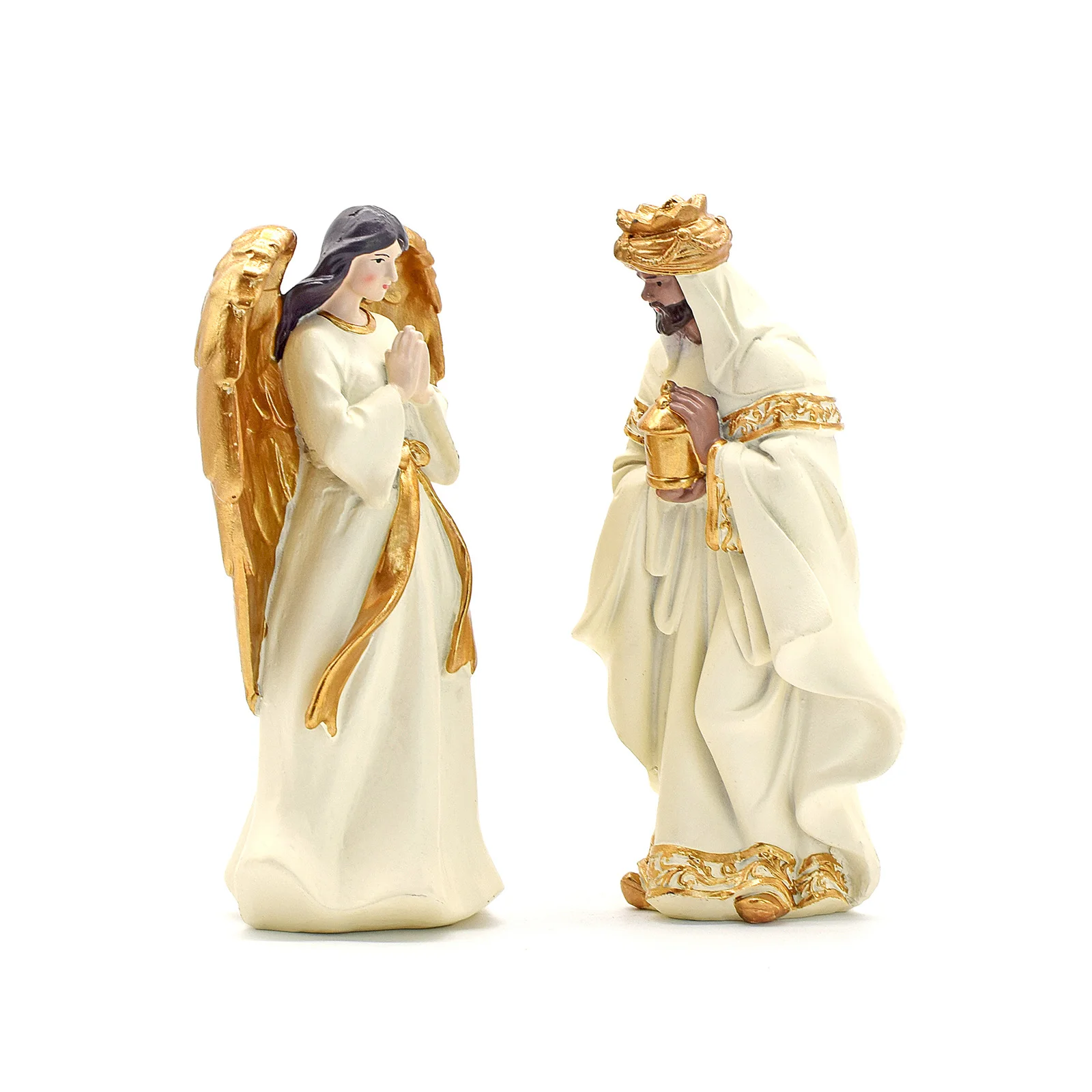 Christmas Nativity Set Resin Figurines Praying Angel & Wise Man Statue White Gold Religious Home Decoration