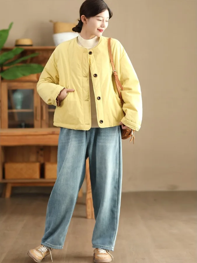 

Thiened Cotton Jaet Women's Retro Dstring round Ne Cotton Coat Artistic Sle Commute Loose Fit Long Sve Coat