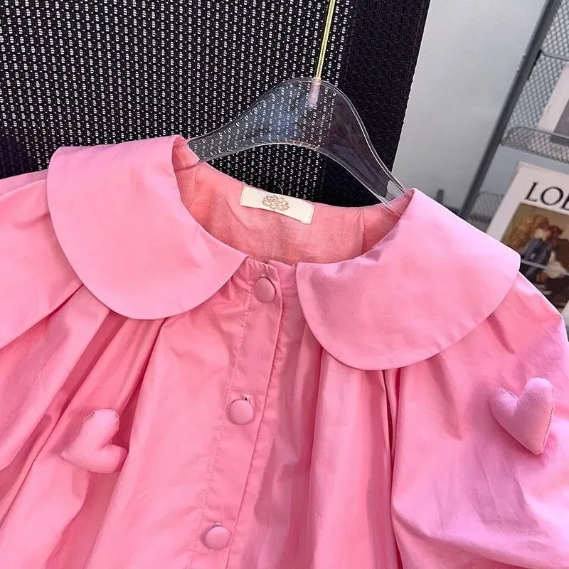 2024 nuove ragazze dolce rosa bambola collo maniche corte vestito vestito moda Casual per bambini