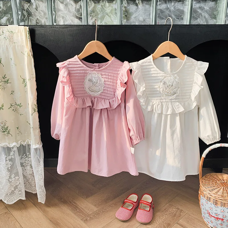 Children'S Clothing Pleated Embroidery Cute Girl'S Dress 2023 Autumn Lotus Leaf Collar Korean Version Children'S Princess Dress