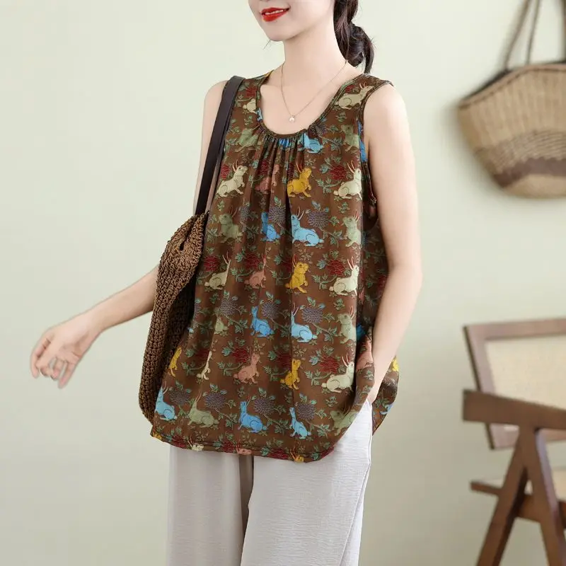 Nuevo chaleco sin mangas con cuello redondo a la moda, camisetas holgadas informales con estampado Retro para mujer, camisetas sin mangas con parte inferior