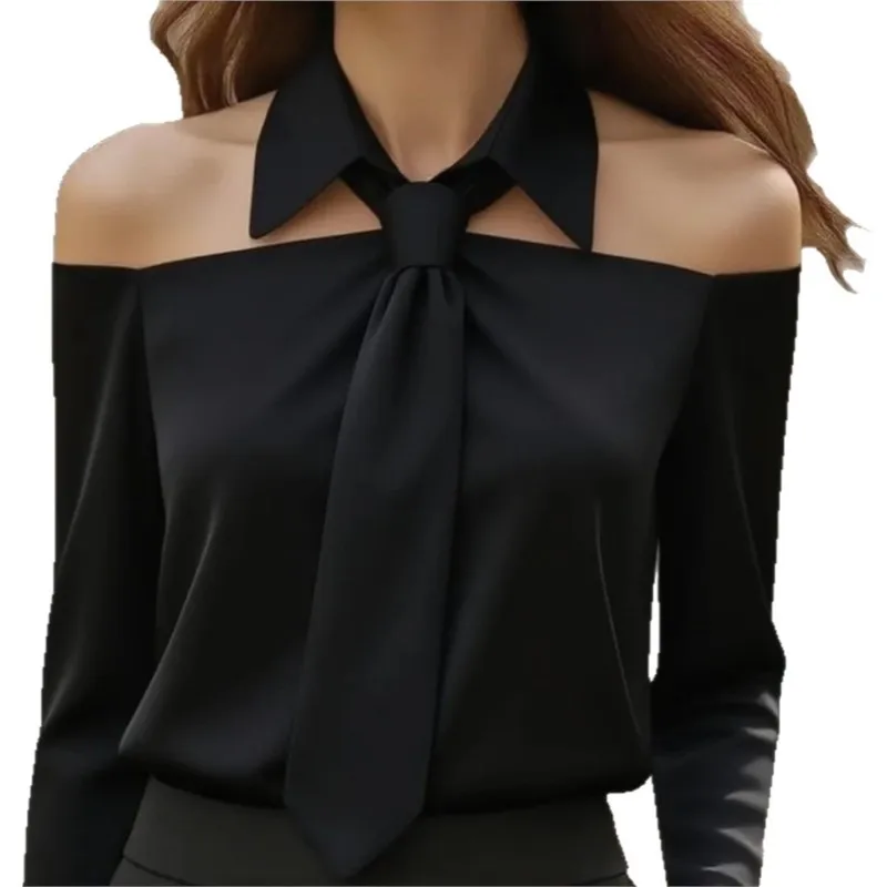 Spring And Autumn Solid Color Casual Long Sleeve Collar Tie Shirt Elegant Women's Sexy Off Shoulder Fashion Hanging Neck Blouse