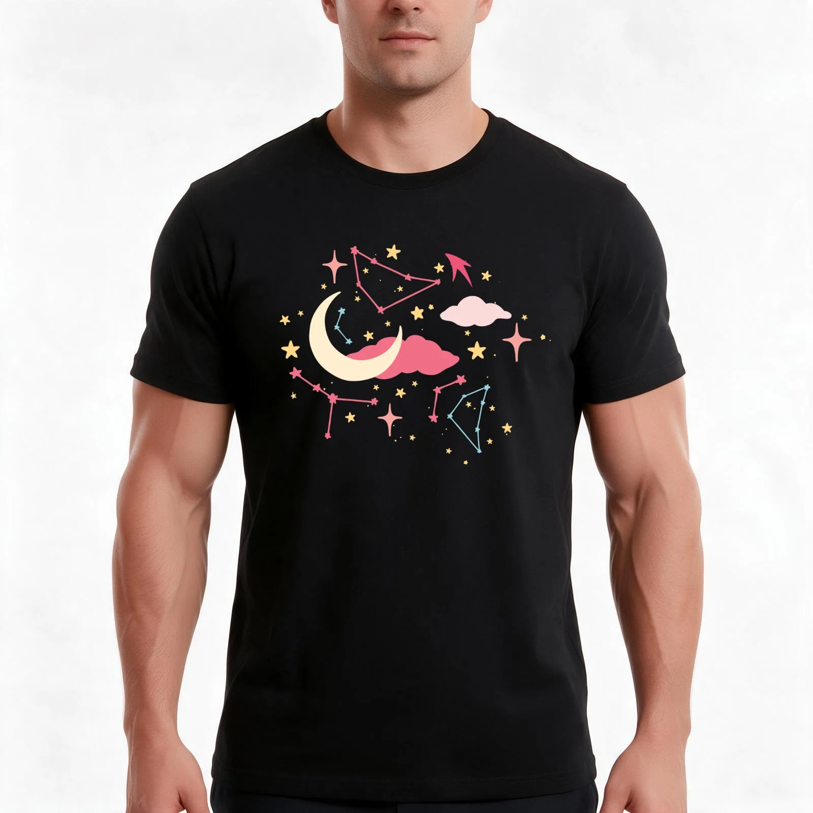 Constellation Stars and Moons in Neon Pastels T-Shirt Summer Casual Cotton Tee Oversized Streetwear Tops Unisex Men Women