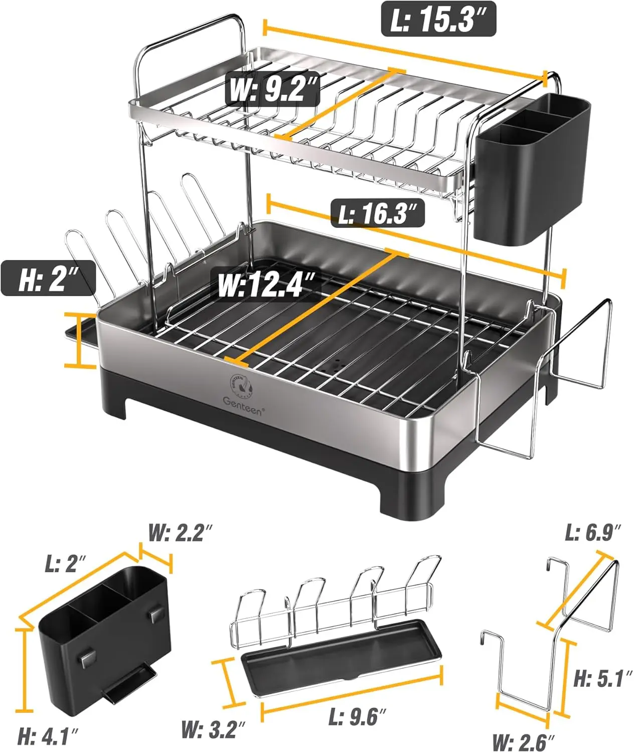 Dish Drying Rack, 2 Tier Stainless Steel Dish Rack with Drainboard and Rotatable Spout, Dish Drainers for Kitchen Counter