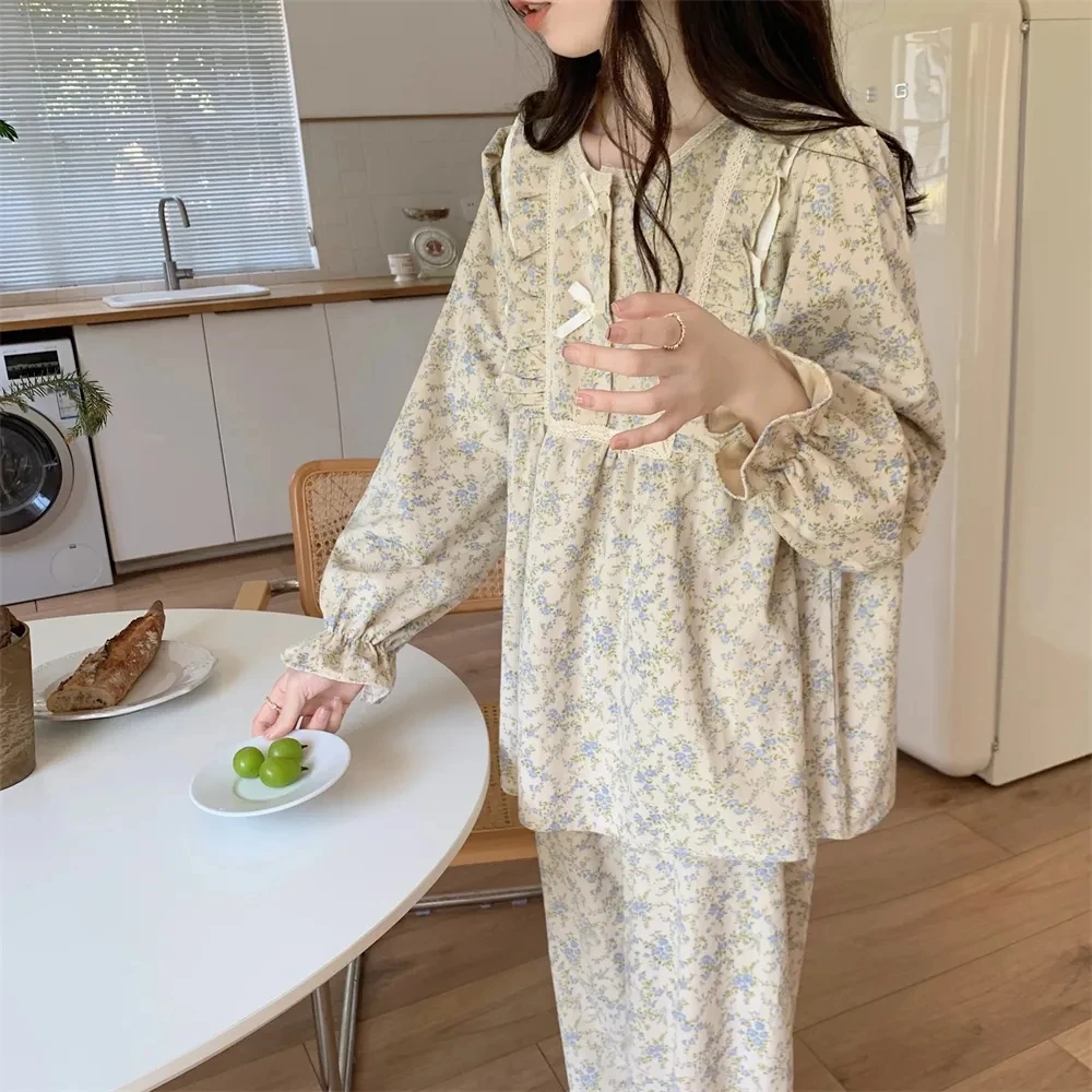 Lace Sleepwear Vintage Women Pajamas Set for Home Floral Long Sleeve Pants Suit 2 Pieces Spring Ruffle Korean O-neck Night Wears