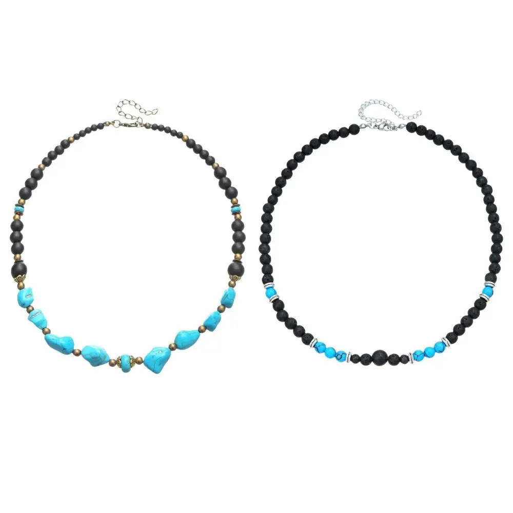 Ethnic Style Turquoise Necklace Men Texture Irregular Beaded Necklace Adjustable Black Beads Western Country Necklace Travel