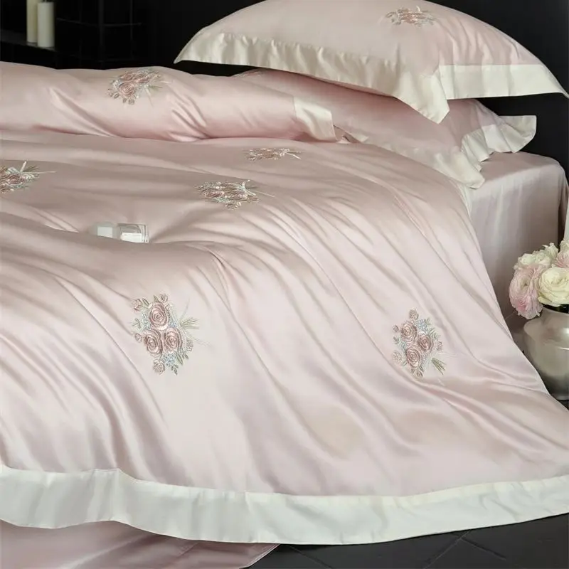 1000TC Egyptian Cotton Rose Flowers Embroidery Pink Blue Princess Bedding Set Duvet Cover Flat/Fitted Bed Sheet Pillowcases 4Pcs
