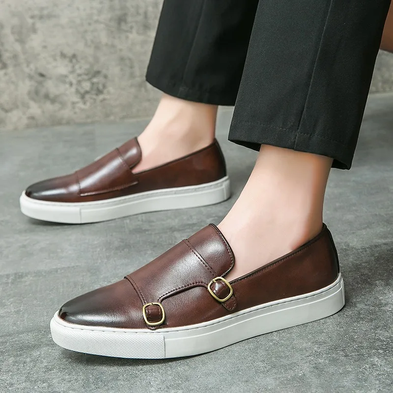 

Slip-on Loafers Male Casual Flat Men Shoes Fashion Work Leather Shoe Shallow Buckle Strap Shoes Breathable Sewing British Flats