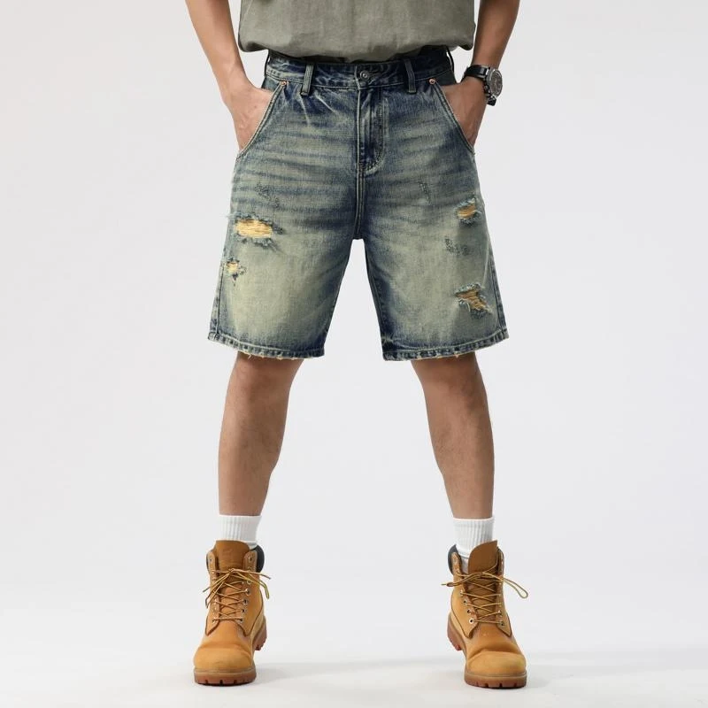 

2026 Summer Men's Denim Shorts American Vintage Style, Loose, Straight Leg, Casual, Knee-Length, Stylish Streetwear, Ripped Jean