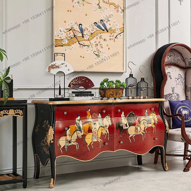 FG French solid wood Chinese red retro Guochao new Chinese hand-painted characters living room entrance counter