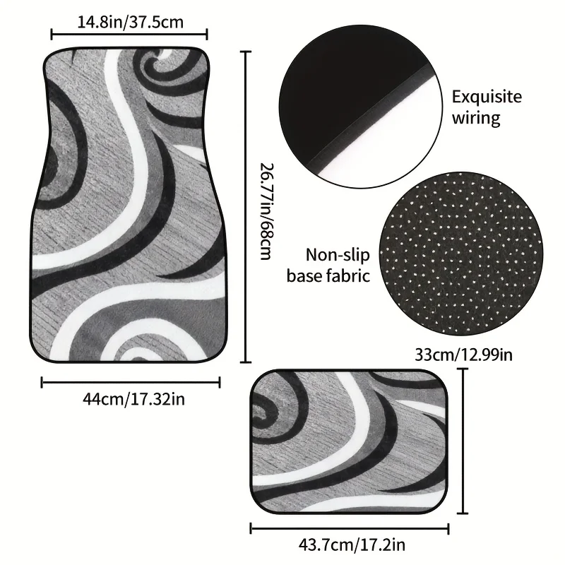 4pcs Black And White Spiral Print Car Floor Mats, Non-Slip Wear-Resistant Material, Precision Edge Design, Fits Original Car Int