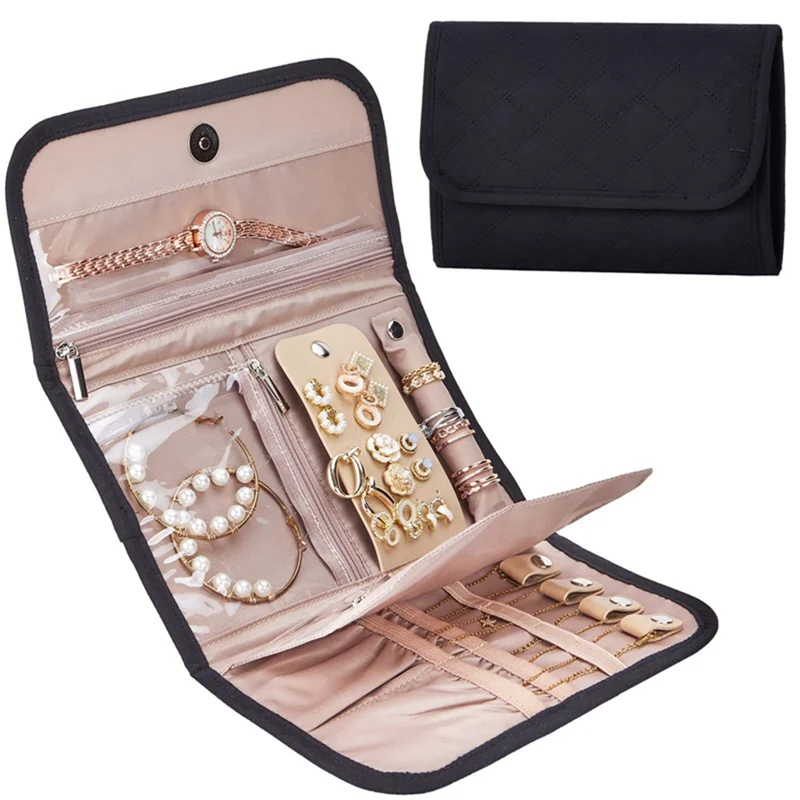 Jewelry Organizer Roll Foldable Jewelry Storage Bag Portable Travel Jewelry Case Soft Earrings Bracelet Storage Holder