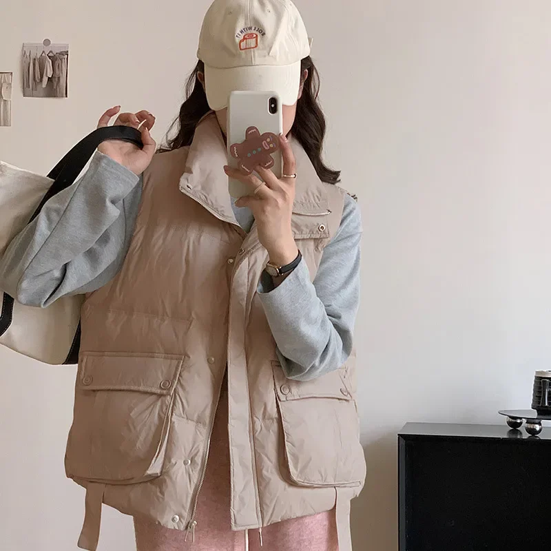 

Stand Collar Down Jacket for Women Autumn Winter 2023 Fashion Casual Sleeveless Vests Coats Vintage Solid Loose Parkas