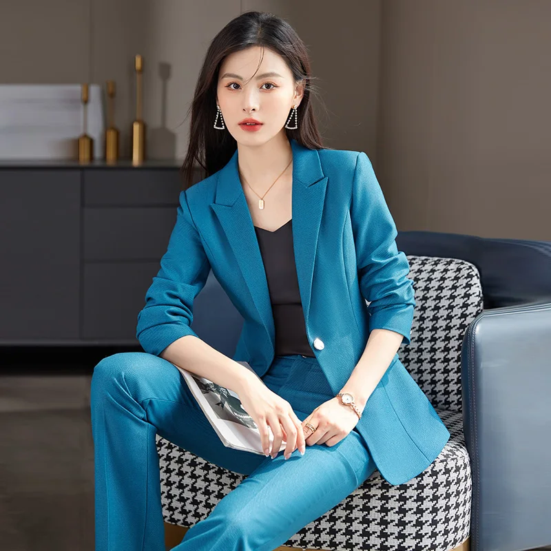 S-4XL Formal Solid Suit for Women 2023 New Double Breasted Notched Office Wear Women High Waisted Slim Pants 2 Piece Set