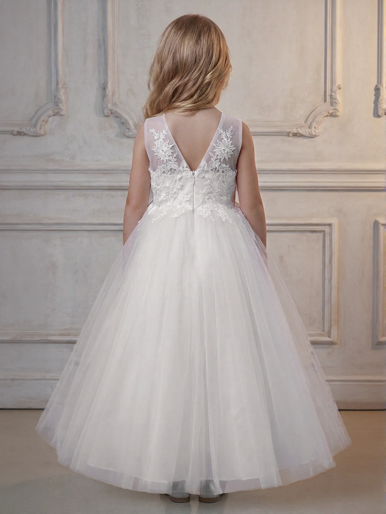 Kids Princess Ivory Short Sleeve Floral Embroidered Tulle Ball Gown Maxi Pageant Dress For Formal Events