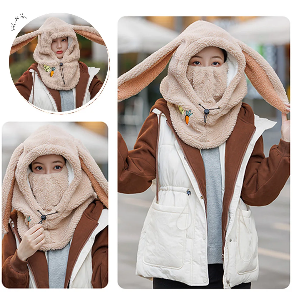 Cartoon Cute Bunny Ears Winter Wool Ski Hat Scarf Warm Ski Helmet Cover Comfortable Soft Decorative Helmet Cover for Women