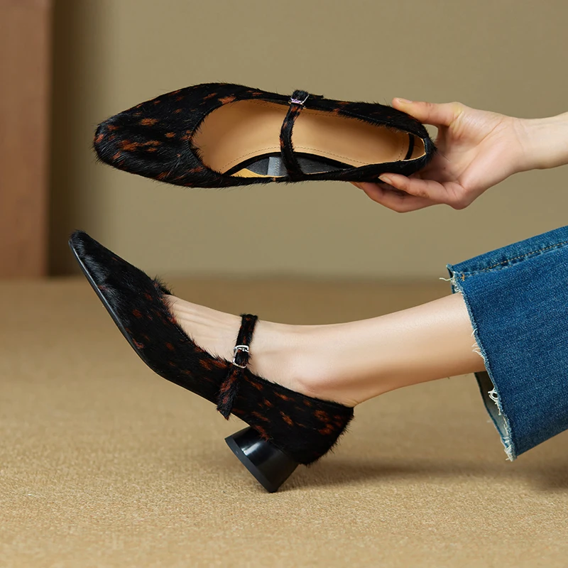 Leopard Pony Hair Mary Jane Shoes - Genuine Leather Pointed Toe