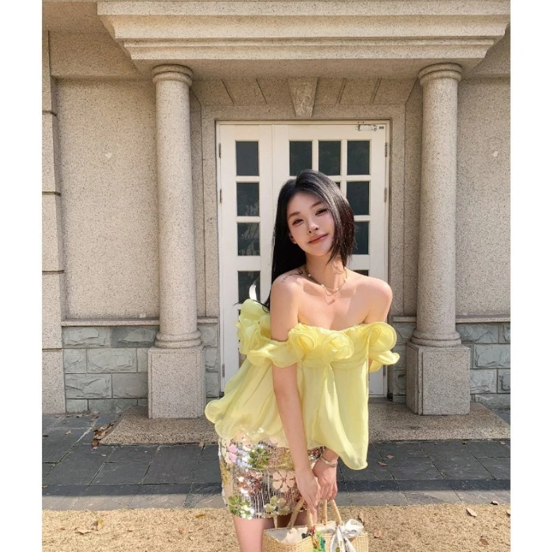 Summer French Off Shoulder Ruffles A Line Lotus Leaf Top Wave Cut Sexy Spicy Sweet Sleeveless Slash Off Shoulder Tops Woman