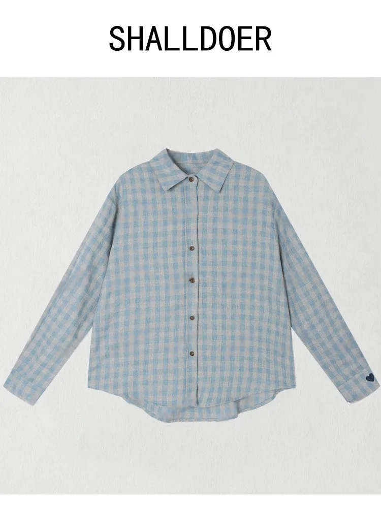 

Светло-голубая клетчатая свободная повседневная рубашка с V-образным вырезом, прямого кроя, с длинными рукавами, женская, модная, весна-осень, новинка