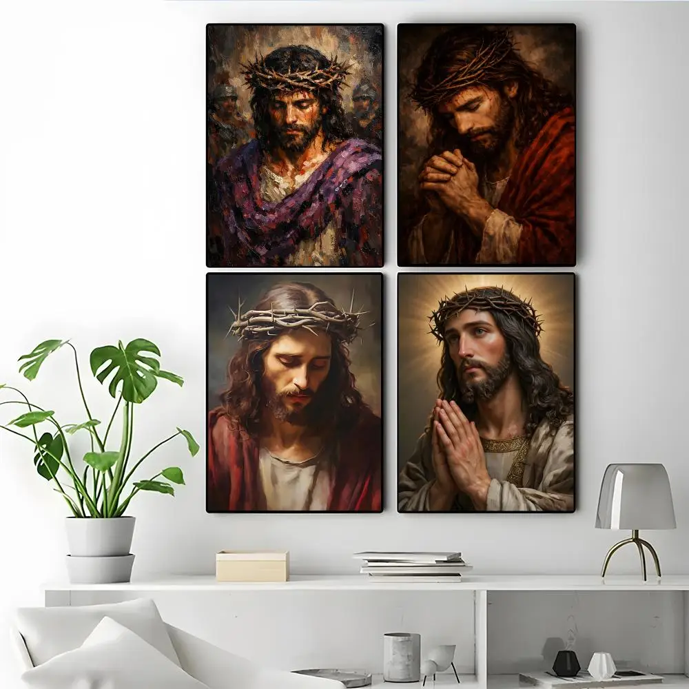 Art Jesus Christ with Crown of Thorns Poster Poster Self-adhesive Art Waterproof Paper Sticker Coffee House Bar Room Wall Decor