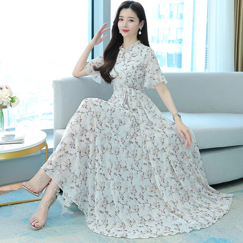 New 2024 Summer New Korean Large Dress Elegant Women\'s Color Printed Short Sleeve Large Skirt Holiday Banquet Chiffon Robe