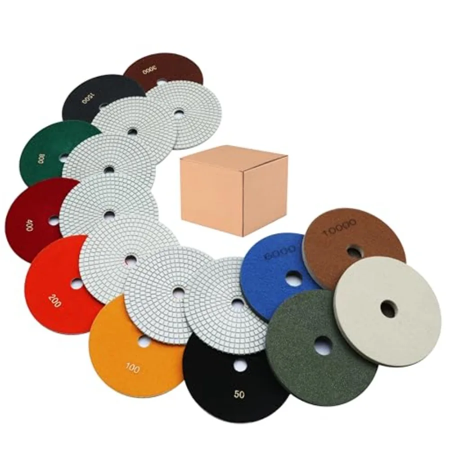 

9 PCS Diamond Polishing Pads Kit Wet/Dry 50-10000 Grit for Concrete, Stone Edge, Granite, Tile, Marble, Rock, Countertop, Quart