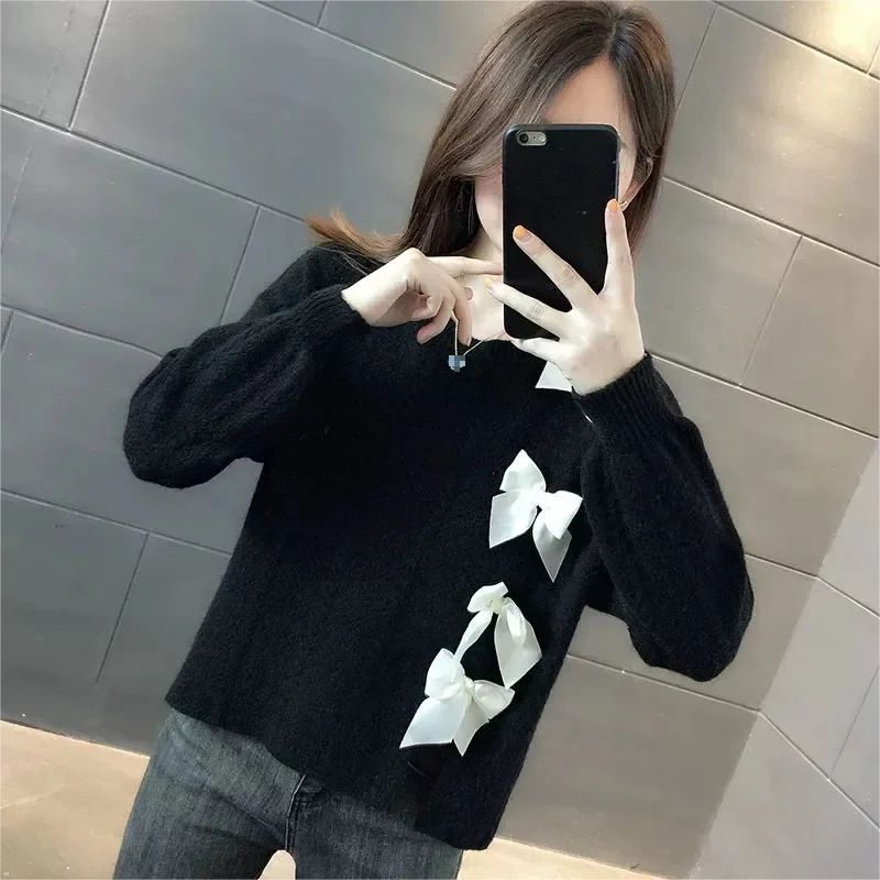 Bowknot Split Soft Milk Knitted Sweater Women Spring Autumn Winter 2024 Design Sense Loose Slouchy Sweater Pullover Female Top