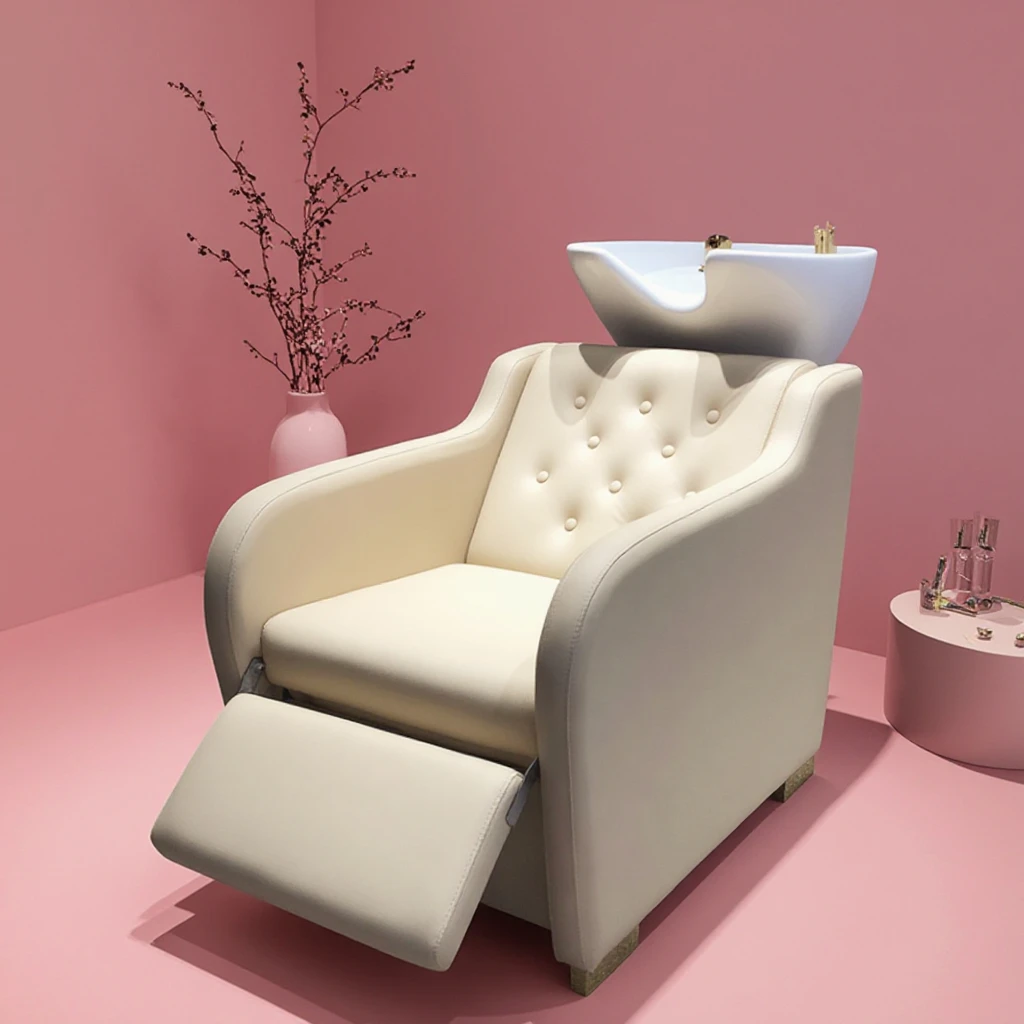 Luxurious Barbershop Furniture Beige Tufted Leather Shampoo Chair Modern Reclining Head Therapy Washing Chair with Ceramic Basin