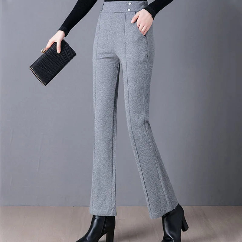 2022 Autumn Winter Women's Thick Fleece Solid Color Pants Office Lady Casual Fashion Female Pockets Elastic High Waist Trousers