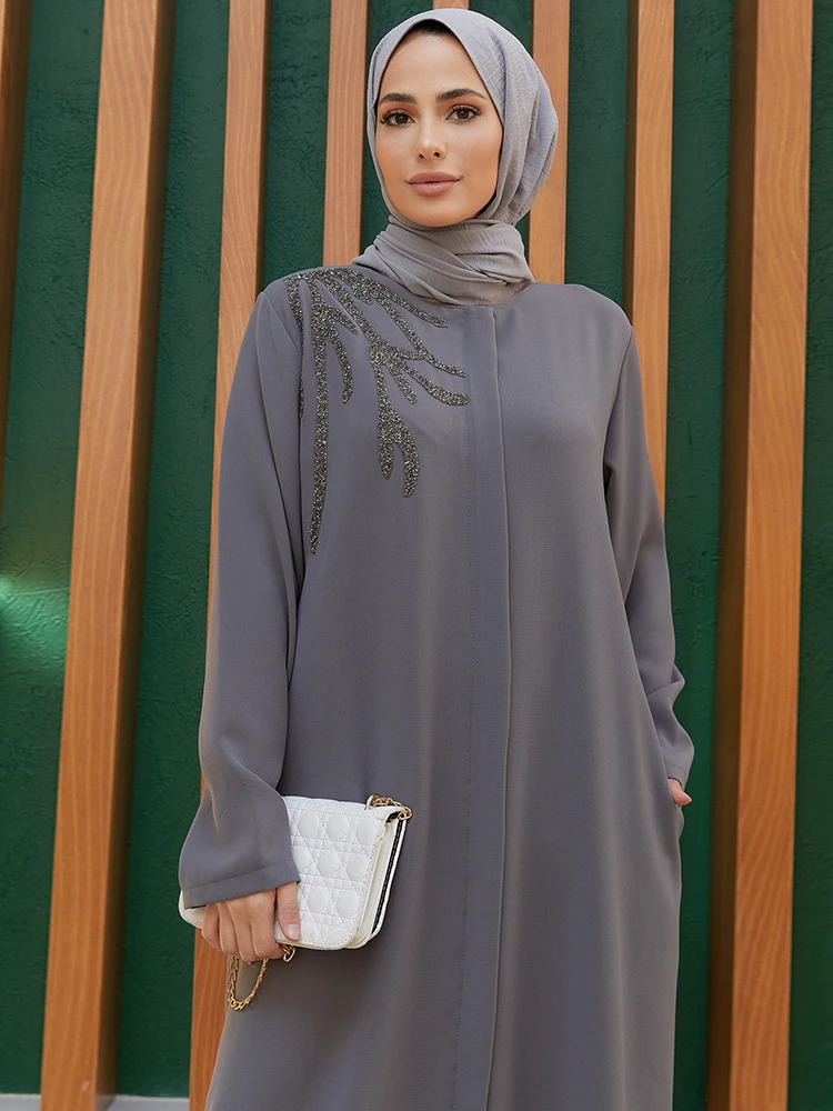 Shoulder Detailed Abaya Women Islamic Muslim Long Dress Outerwear 4 Seasons Shoulder Detailed With Pockets