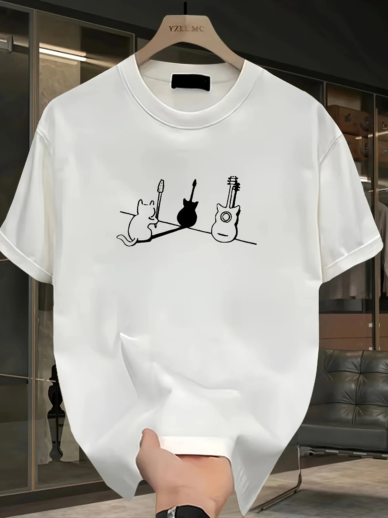 Cat Guitar Band Men's T-shirt Minimalist Graphic Casual Cotton Short Sleeve Tops Summer Streetwear