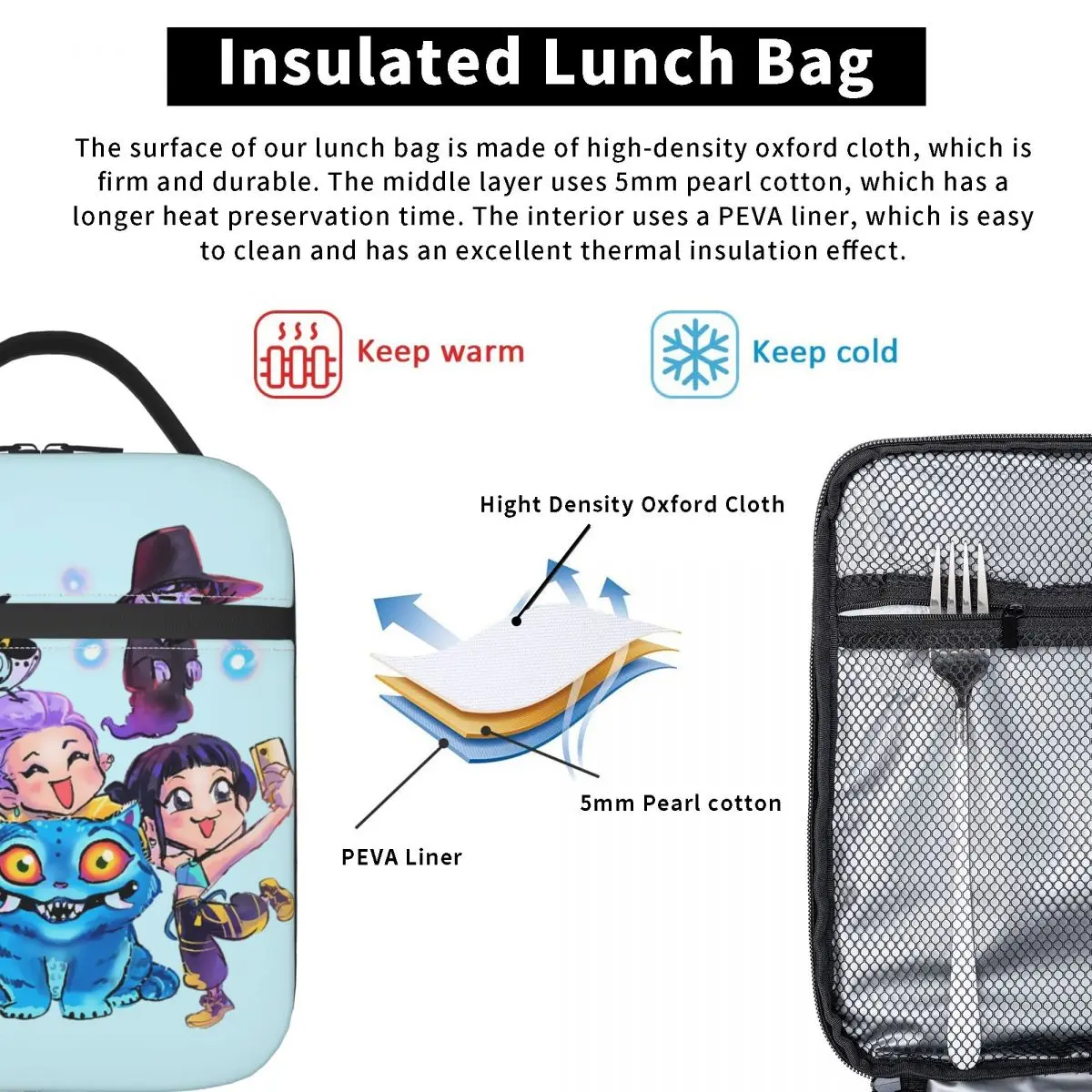 Huntrix Chibi Derpy Tigers K-Pop Group شيطان الصيادين حقيبة الغداء صندوق المدرسة مريحة أكياس الغداء الحرارية للطفل حقيبة للحفاظ على البرودة