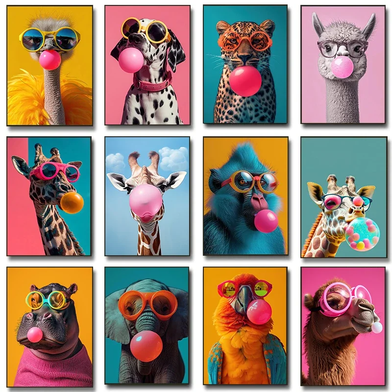 Pósteres coloridos y divertidos de animales que soplan chicle, impresiones modernas y a la moda de animales en lienzo, pintura en lienzo, imagen de pared para el hogar y la habitación