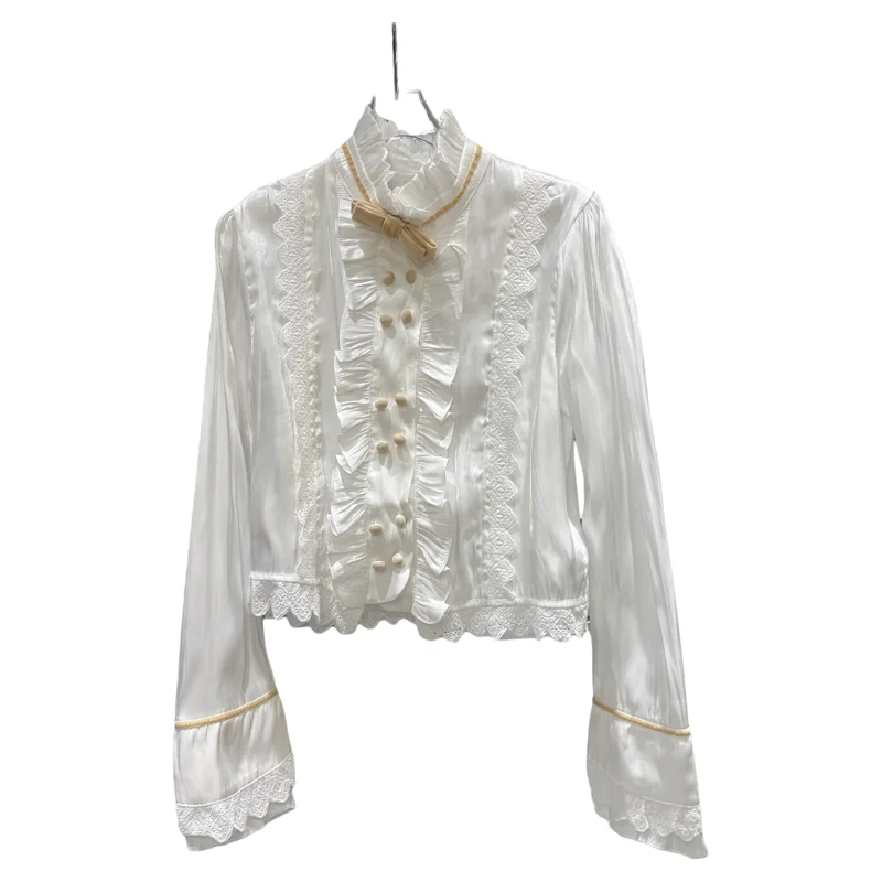 

Sweet Bubble Stand Collar Knot Lace Trim irt Women's Faionable French Sle Pure Color Long Sve Girls' irt