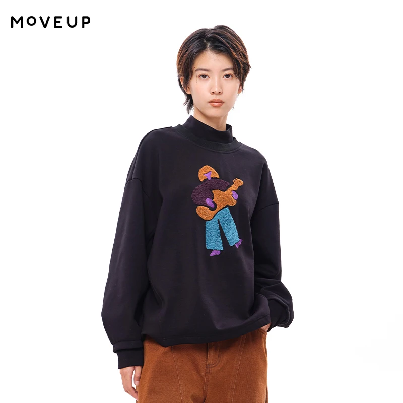 MOVEUP Long Sleeved High Neck Sweatshirt Winter Patchwork Collar Character Embroidered Loose Fleece Top For Women 3EWD11470