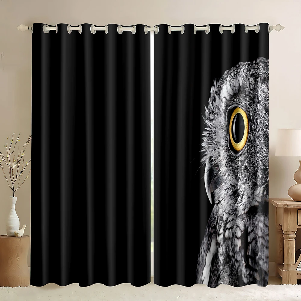 

Owl Blackout Curtains,Black and White Art Painting Black Background Wildlife Owl Pattern,Owl on Tree Branch Window Curtains