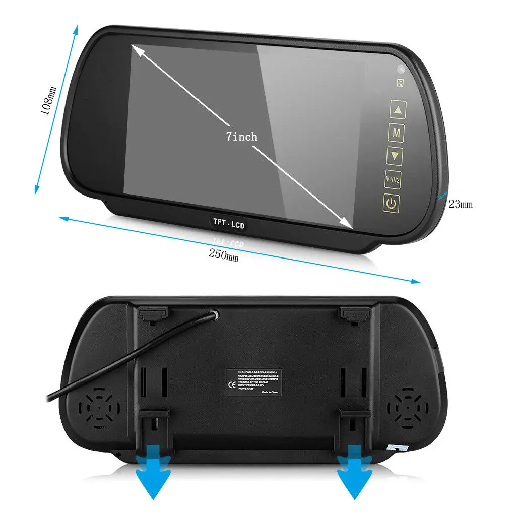 Monitor de espejo retrovisor iPoster de 7 ", 12-24V + 2x cámara CCD HD de marcha atrás IR con Cable de vídeo de resorte de 2x10m + 1x5m para remolque y caravana