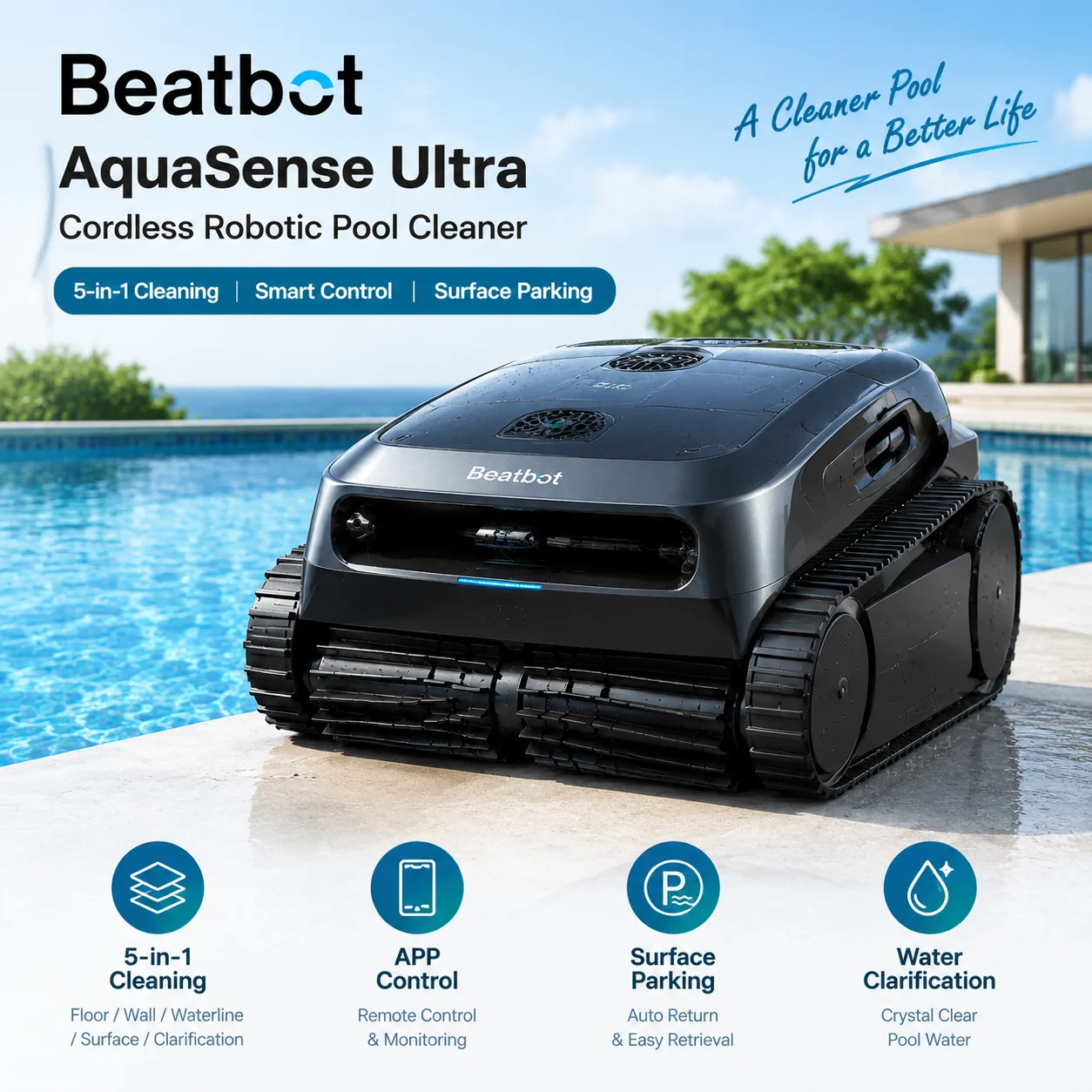 Beatbot AquaSense Ultra 5-in-1 Cordless Robotic Pool Cleaner, Floor Wall Waterline Cleaning, Surface Skimming, Water