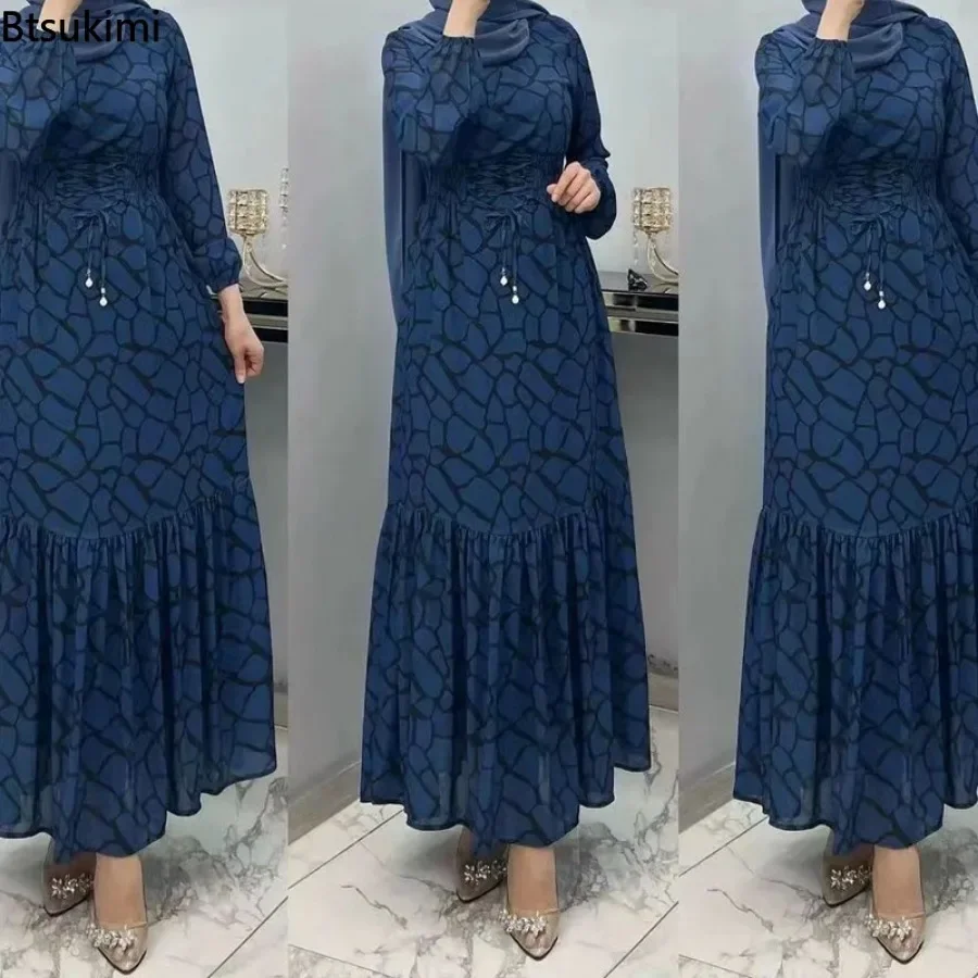 Muslim Elegant Print Dress Abaya for Women Fashion High Waist Long Sleeve Arab Islamic Clothing Mid East Turkish Evening Dresses