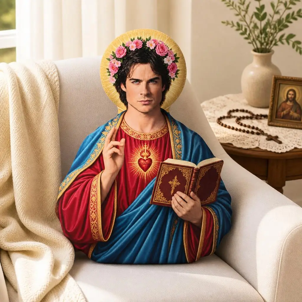 Damon Salvatore Saint Shaped Pillow Sacred Heart Cushion Double Sided Throw Pillow Christian Home Decor Prayer Room Bedroom