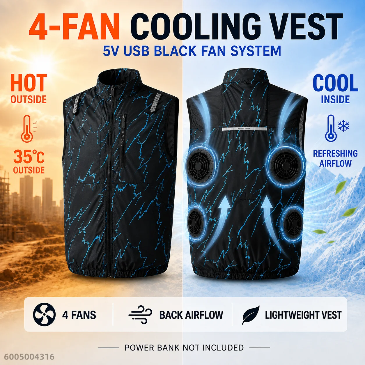 Men's 5V USB 4-Fan Camo Cooling Vest Back Airflow Lightweight Summer Workwear for Fishing Hiking Outdoor Power Bank Not Included