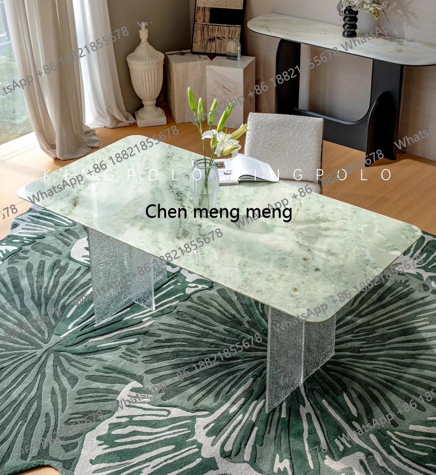 

Обеденный стол из нефритового мрамора, французский кремовый минималистичный стол из натурального мрамора и акрила, подвесной обеденный стол.