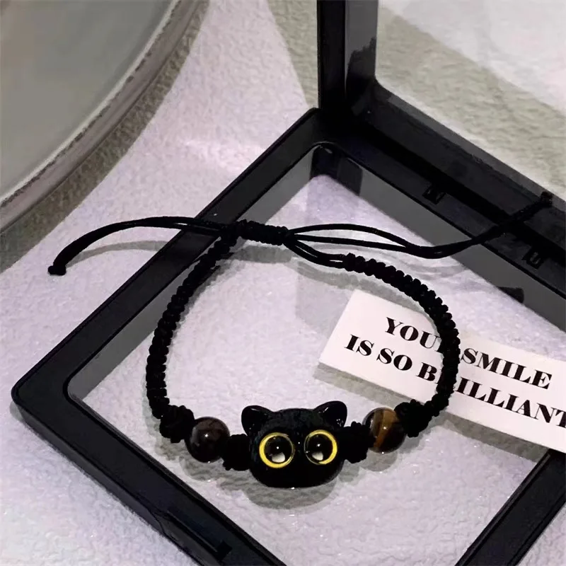 Pulseira de gato preto para homens e mulheres, Harajuku Animal engraçado dos desenhos animados, corda trançada, par pulseiras, presente da jóia da amizade, bonito