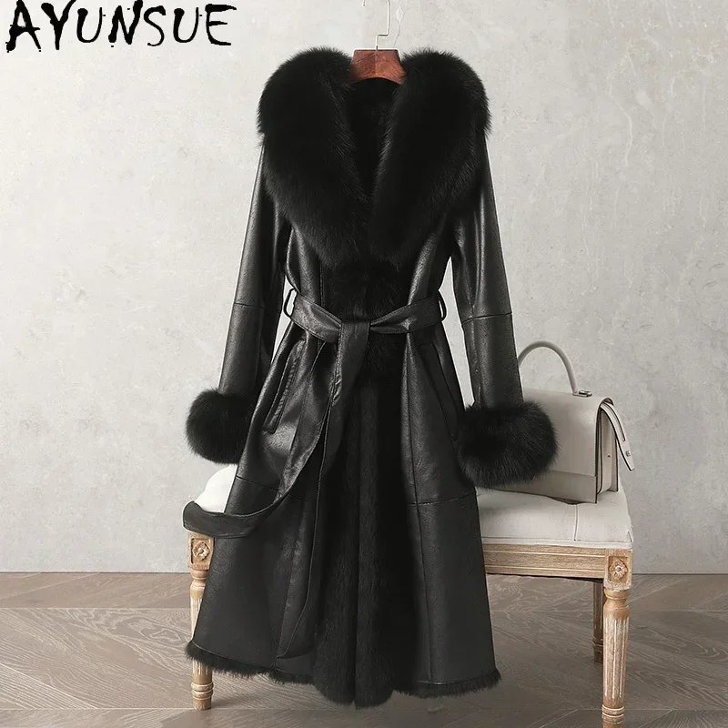 

AYUNSUE Genuine Rabbit Fur Jackets for Women 2023 Winter Real Fur Coat Womens Luxury Fox Fur Collar and Cuffs Jaqueta Feminina