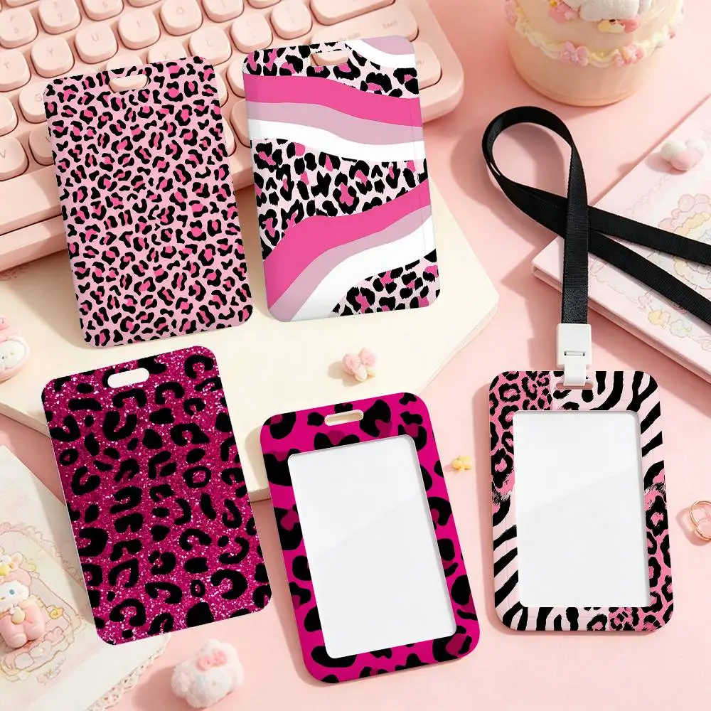 Pink Black Leopard Print Employee ID Badge With Name Tag, Lanyard, High-end Work Badge, Card Holder, Student ID Badge