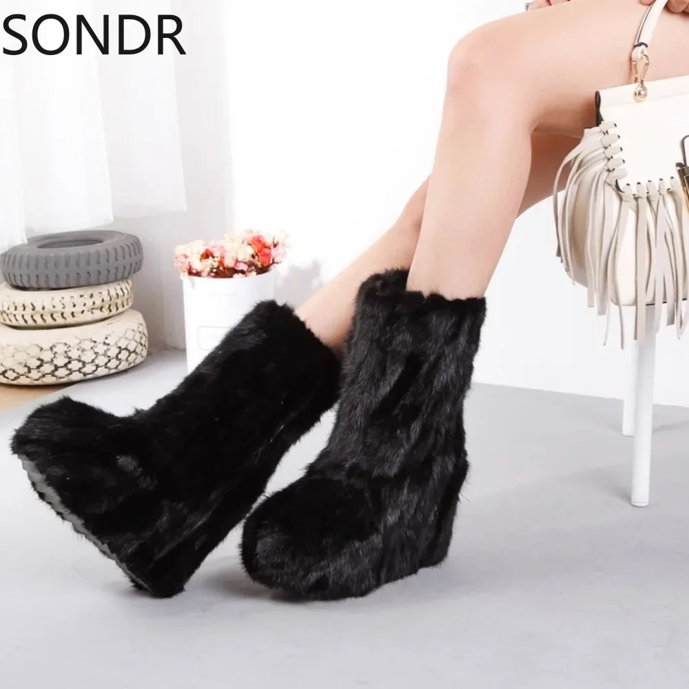 Womens Real Mink Fur Mid Calf Boots Rainbow Colors Furry Hidden 13cm High Heel Warm Winter Snow Thick Shoes